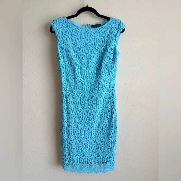 Lauren Ralph Lauren Aqua Lace Sheath Dress Size 2 Wedding Guest Cocktail Dress - Picture 2 of 13